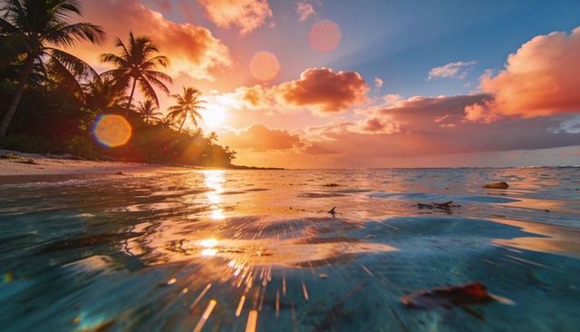 Tropical sunset beach with golden palm silhouettes reflecting on shallow water and driftwood
