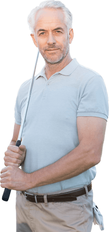 Grey Haired Man Holding Golf Club on Transparent Background
