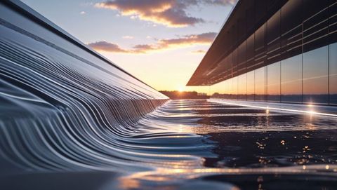 Sunset over reflective rooftop waterfall with modern glass architecture, streamline design