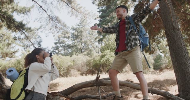 Couple Enjoying Outdoor Hiking and Photography in Forest - Download Free Stock Images Pikwizard.com