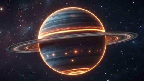 Futuristic view of a ringed gas giant planet with glowing orange bands