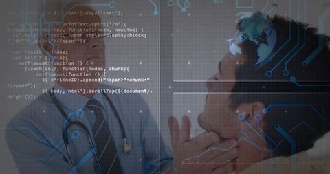 Futuristic medical examination: doctor analyzing patient amidst digital interface