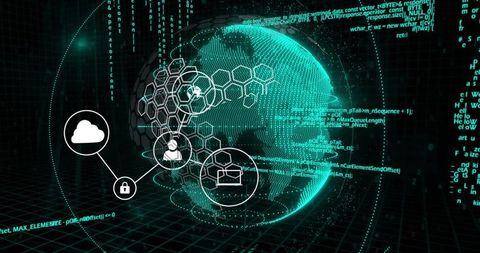 Holographic Globe Projecting Hexagonal Mesh, Cybersecurity Cloud Network Visualization