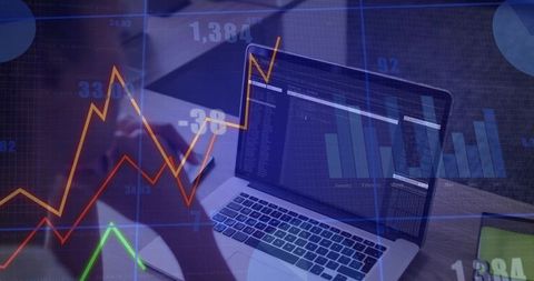 Monitoring laptop code with financial charts overlay for data analytics and trading insights