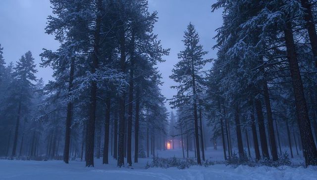 Snow Trail Leading to Warmly Lit Cabin in Misty Pine Forest at Blue Hour