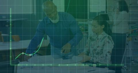 Team collaborating over documents with green data visualization overlay and growth chart