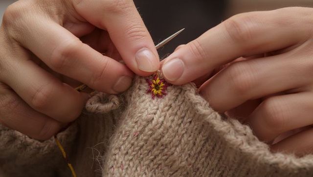 Hands knitting beige wool sweater with maroon and yellow embroidered star stitch