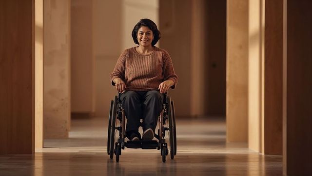 Confident woman in wheelchair navigating sunlit wooden corridor, smiling and independent