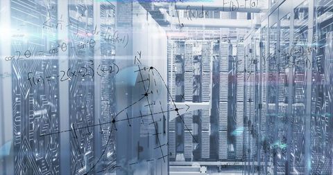 Futuristic data center with mathematical overlay and circuit patterns