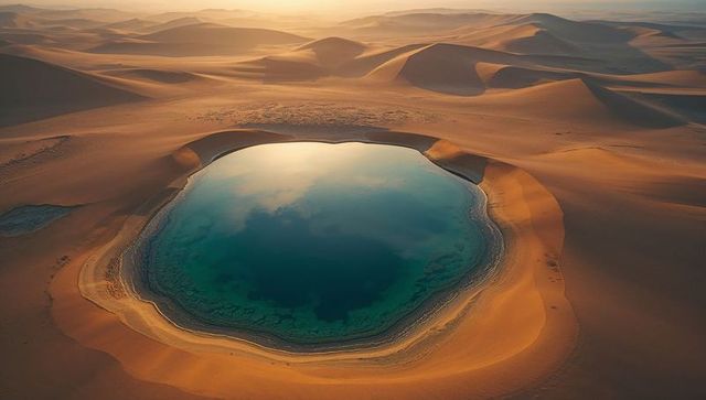 Desert oasis reflecting sky amidst vast golden dunes at sunrise