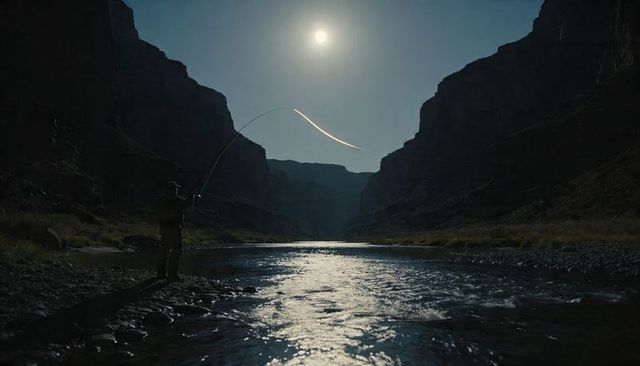 Moonlit canyon fly fisherman silhouette casting under full moon with arcing line