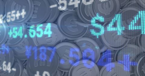 This image illustrates dynamic financial data overlaying stacks of euro coins, symbolizing the intersection of finance and technology. It emphasizes concepts like global business, data processing, and currency markets. Ideal for use in articles or websites about economics, digital finance solutions, or innovation in fintech industries.