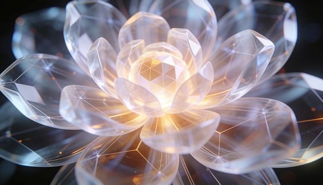 Crystal lotus with glowing orb and geometric lattice, futuristic translucent sculpture
