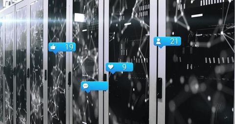 Data center servers with floating social media notification icons