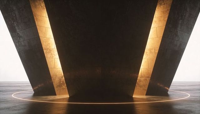 Monolithic v-shaped pillars with golden inner light and halo ring over water