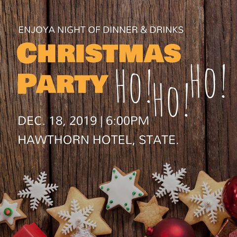 Festive Christmas Party Invitation on Rustic Wood Background