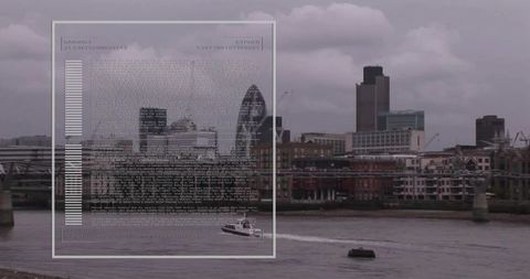 London thames riverside skyline featuring gherkin, motorboat wake and urban waterfront