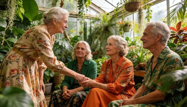 Elderly friends greeting in sunlit greenhouse surrounded by lush tropical houseplants