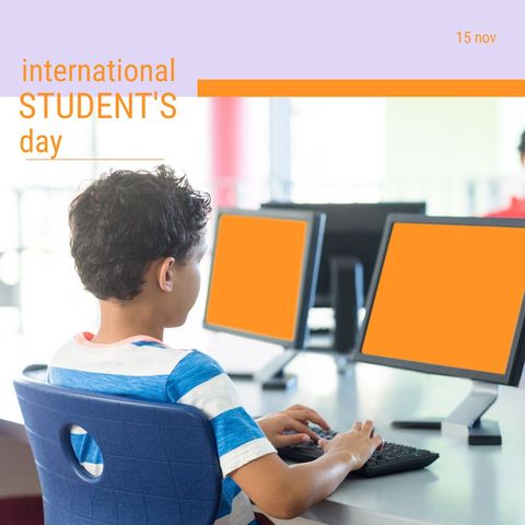 International Student's Day Celebration with Schoolboy on Computer - Download Free Stock Templates Pikwizard.com