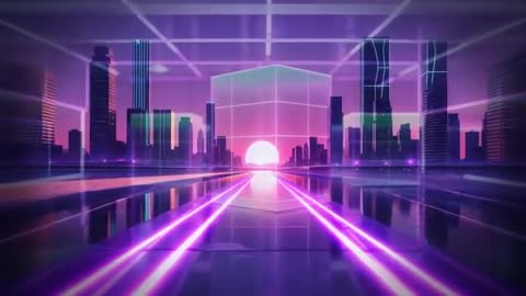 Futuristic Cyberpunk City with Neon Pathway & Setting Sun
