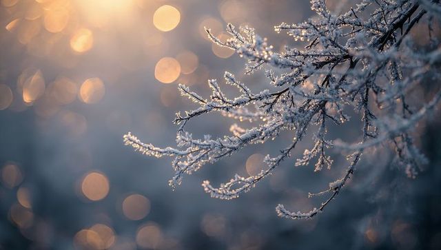 Hoarfrost branches sparkling with golden bokeh sunrise glow over tranquil winter scene