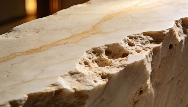 Warm-lit travertine slab showcasing polished surface and porous pitted edge with veins