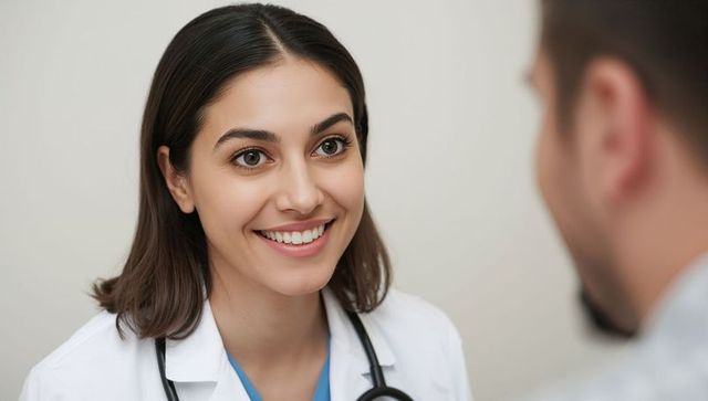 Smiling female doctor listening to patient during compassionate clinic consultation