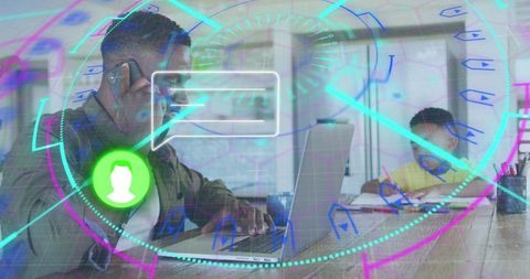 Father balancing work and family with ar technology overlay