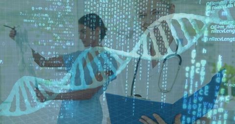 Scientists Interacting with Holographic DNA in Laboratory Environment