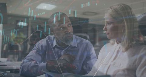Diverse coworkers analyzing stock market data on digital platform