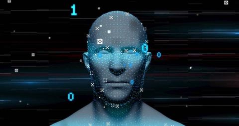 Scanning Digital Avatar Head with Cyan-Glow Eyes and Floating Binary Data in Cyberspace