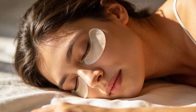 Closeup woman resting with hydrogel under-eye patches for skincare and self-care routine