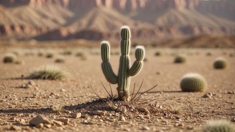 Desert landscape with cactus and sandstone mesas in drought-affected region