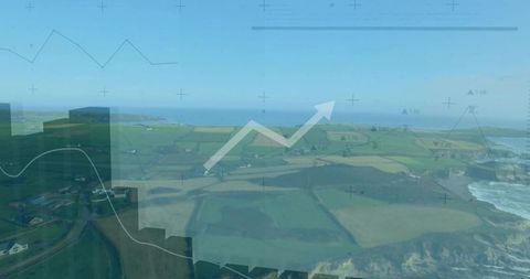 Aerial coastal farmland showing translucent data overlay and upward growth arrow