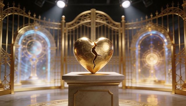 Shining cracked golden heart sculpture resting on marble pedestal in ornate gilded gallery