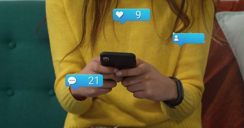 Woman Engaging on Social Media with Smartphone and Communication Icons