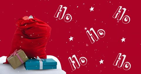 Festive Christmas Gifts with Snow on Red Background