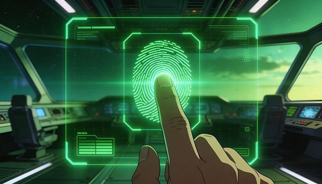Pressing index finger activating holographic fingerprint panel on futuristic ship bridge