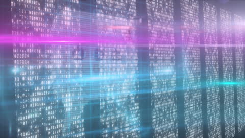 Futuristic Digital Code Display with Colorful Light Beams