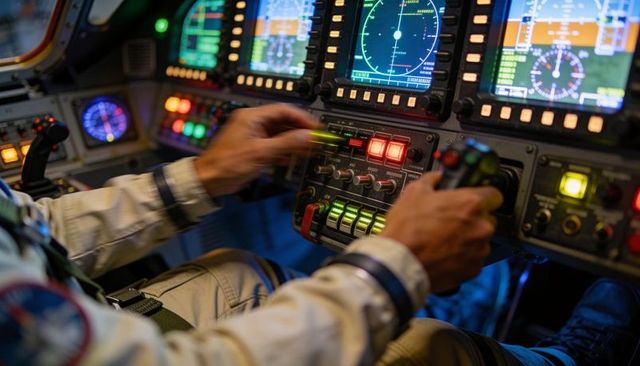 Pilot operating flightdeck controls with joystick throttle and lit avionics displays