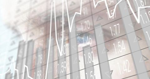 Gazing male eye overlaying financial charts representing data analytics and market insight