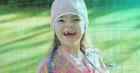 Smiling child doctor roleplay wearing stethoscope and floral scrubs with tech grid overlay
