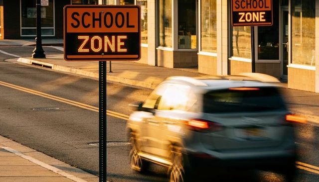School zone sign shining in warm golden light with suv blurring past downtown