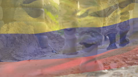 Soldiers Marching with Colombian Flag Overlay: Patriotic Animation