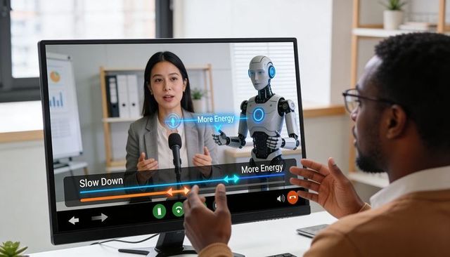 Man controlling ar robot avatar during remote video meeting with interactive energy sliders