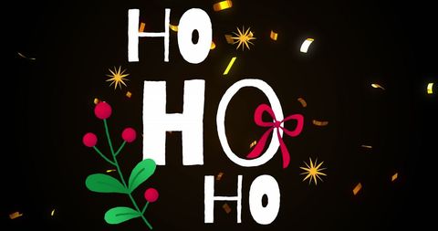 Festive ho ho ho text with confetti and holiday decor