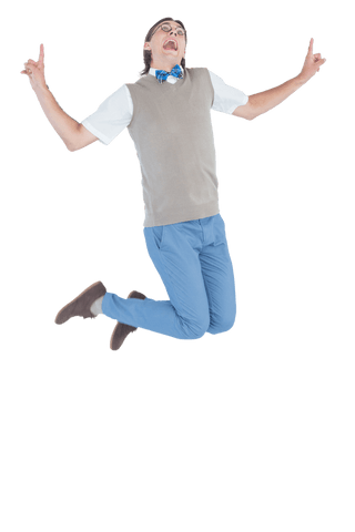 Transparent angry hipster leaping joyfully in air