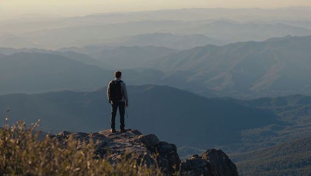 Male Hiker Standing on Rocky Summit Overlooking Layered Misty Mountains at Dawn