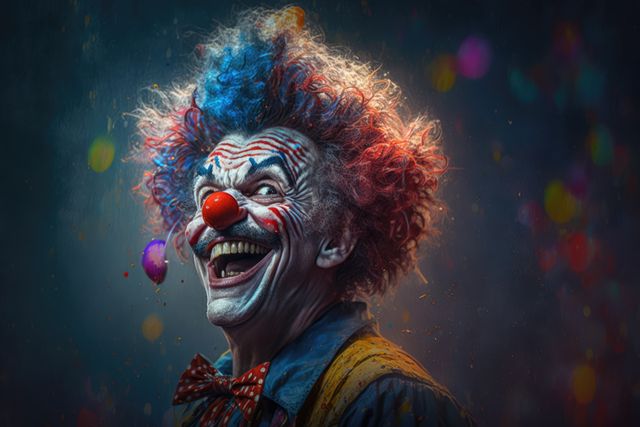 Creepy clown with dramatic face-paint and bright, colorful lighting, creating an eerie but vibrant atmosphere. Suitable for Halloween promotions, horror-themed events, carnival advertisements, entertainment posters, or eerie decorations.