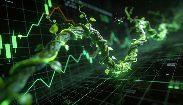 Bioluminescent vine weaving through neon trading dashboard with hovering drone